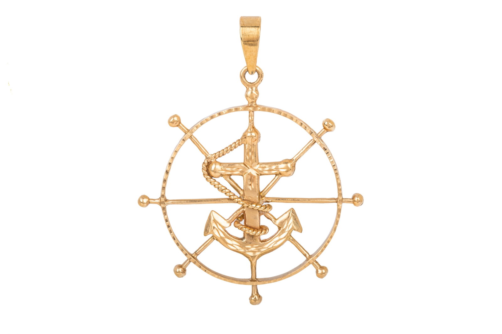 18K GOLD SHIP'S WHEEL & ANCHOR PENDANT 20.67g: 18K yellow gold ship's wheel and anchor pendant measuring 70mm long (including bail) by 53.7mm wide. 20.67 grams