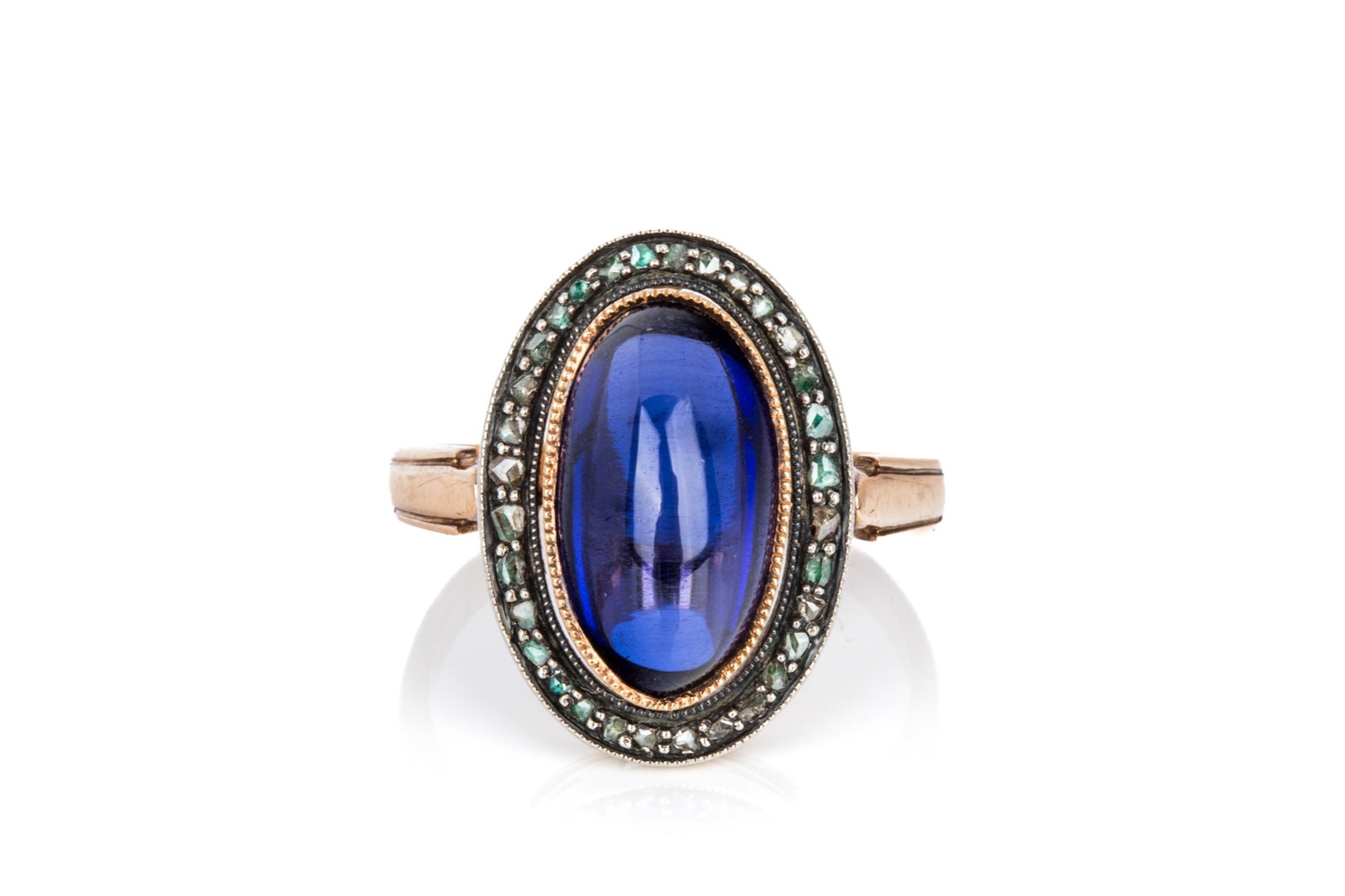 14K & SILVER USSR GEMSTONE & DIAMOND RING 7.9g: 14K rose gold and 875 silver Soviet era ring with hammer and sickle hallmark, measuring 21.5mm long by 8.6mm tall. Featuring oval cabochon royal blue glass accentedby antique rose cut diamonds set int