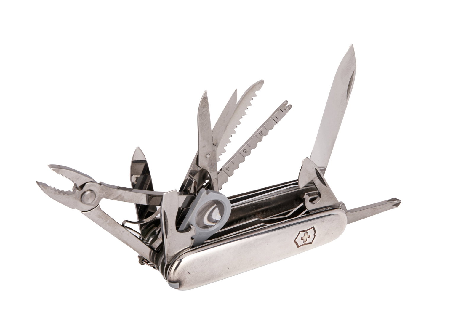 TIFFANY & CO. STERLING & 18K SWISS ARMY KNIFE: Tiffany & Co. sterling silver, 18K gold and stainless steel Swiss army pocket knife with assorted tools including knife, corkscrew, scissors, magnifying glass, screwdriver and more."Tiffany & Co. 925+