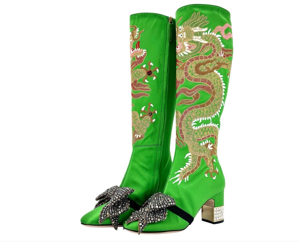 GUCCI GREEN SATIN CANDY DRAGON EMBROIDERED BOOTS (1 of 1)