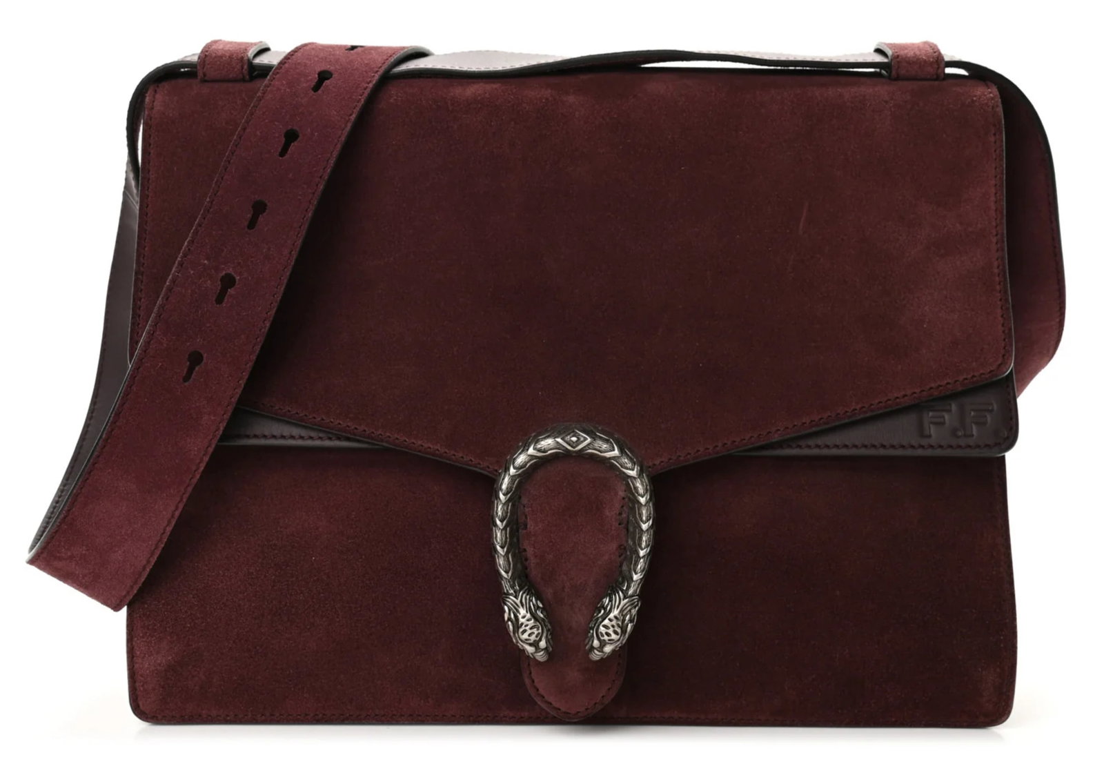 GUCCI BORDEAUX SUEDE DIONYSUS MESSENGER BAG: Gucci Medium Bordeaux Suede Dionysus Messenger Flap Bag with Palladium-toned Hardware, 2015. Including care booklet and dust bag. Made in Italy. Serial number 397656 520981. 33 x 22 x 13 cm