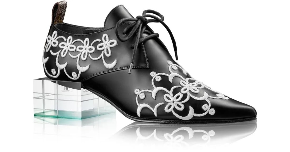 LOUIS VUITTON BLACK RUNWAY EMBROIDERED OXFORDS: Louis Vuitton Black Runway Embroidered Derby Oxford Shoes, from the 2016 Cruise collection designed by Nicolas Ghesquiere. With clear block heels. In size 38 1/2. Made in Italy. In mintcondition, incl