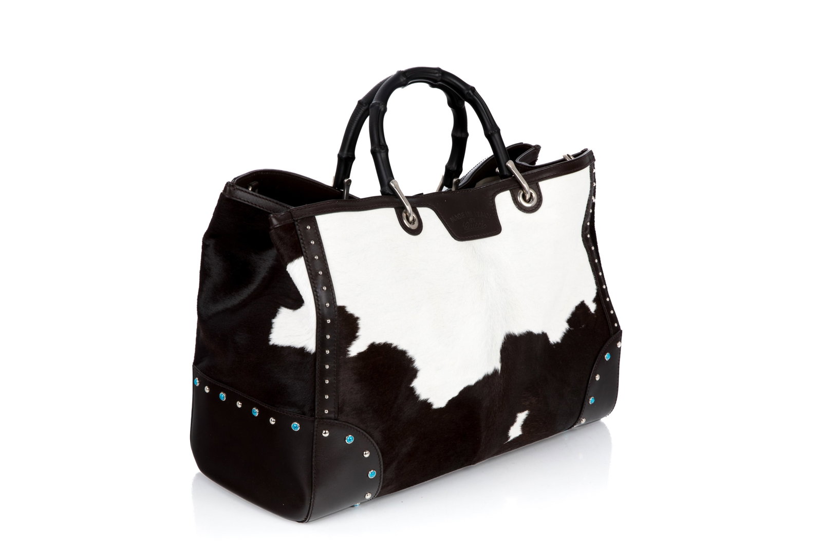 GUCCI CALF HAIR STUDDED BAMBOO SHOPPER SATCHEL BAG: Gucci Calf Hair Studded Bamboo Handle Shopper Satchel Bag. Calf hair leather composed in whole of backs sourced from New Zealand. Including two removable shoulder straps in mint condition (onein match