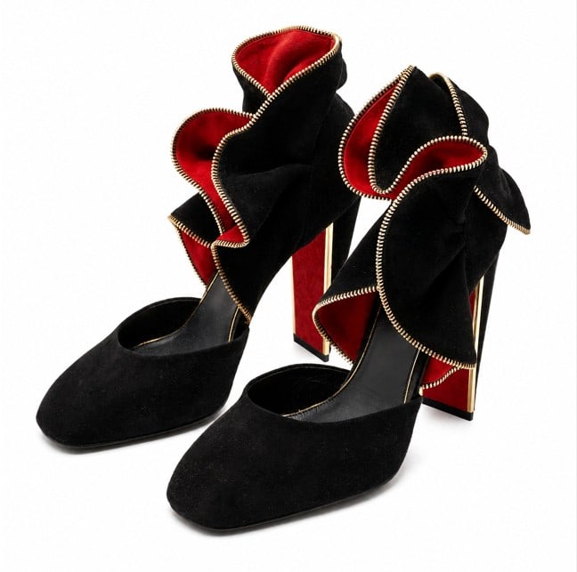 LOUIS VUITTON BLACK SUEDE RUFFLE SQUARE TOE PUMPS (1 of 1)