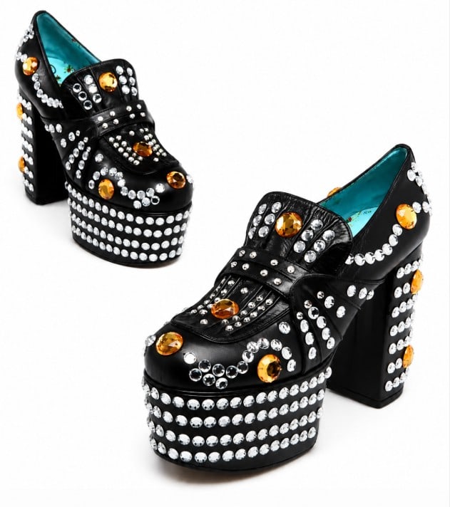 GUCCI BLACK AMILNA CRYSTAL PLATFORM LOAFERS: Gucci Black Leather Amilna Crystal Studded Platform Loafers, 2018. In size 38 1/2. Made in Italy. Does not include original box or dust bag.