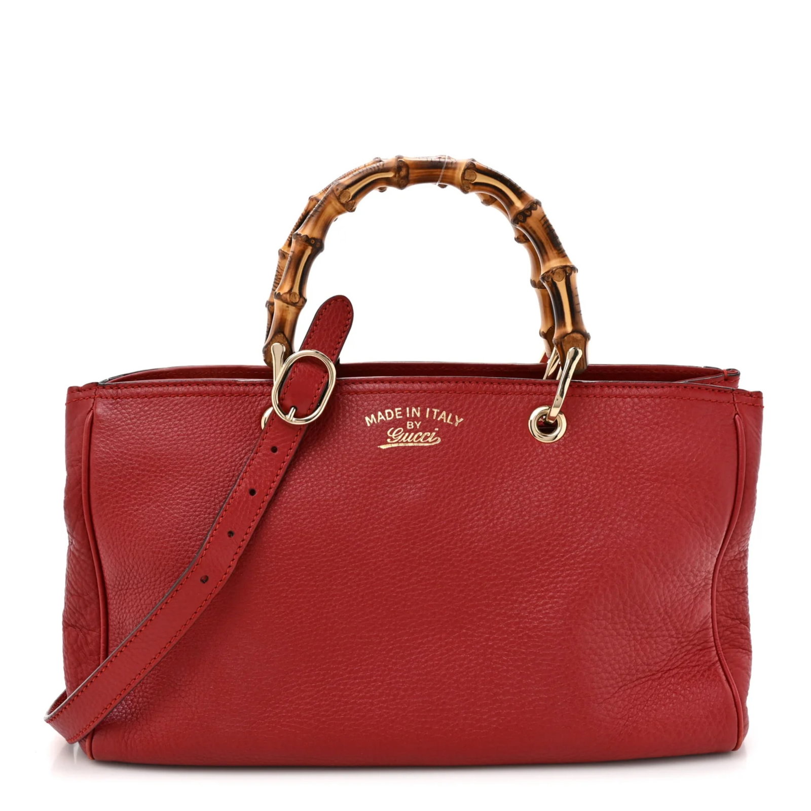 GUCCI RED CALFSKIN BAMBOO SHOPPER SATCHEL BAG: Gucci Red Calfskin Bamboo Handle Shopper Satchel Bag. Including a removable shoulder strap, two plastic bamboo handle shapers, care booklets and dust bag. Made in Italy. Serial number 323658002058. 40