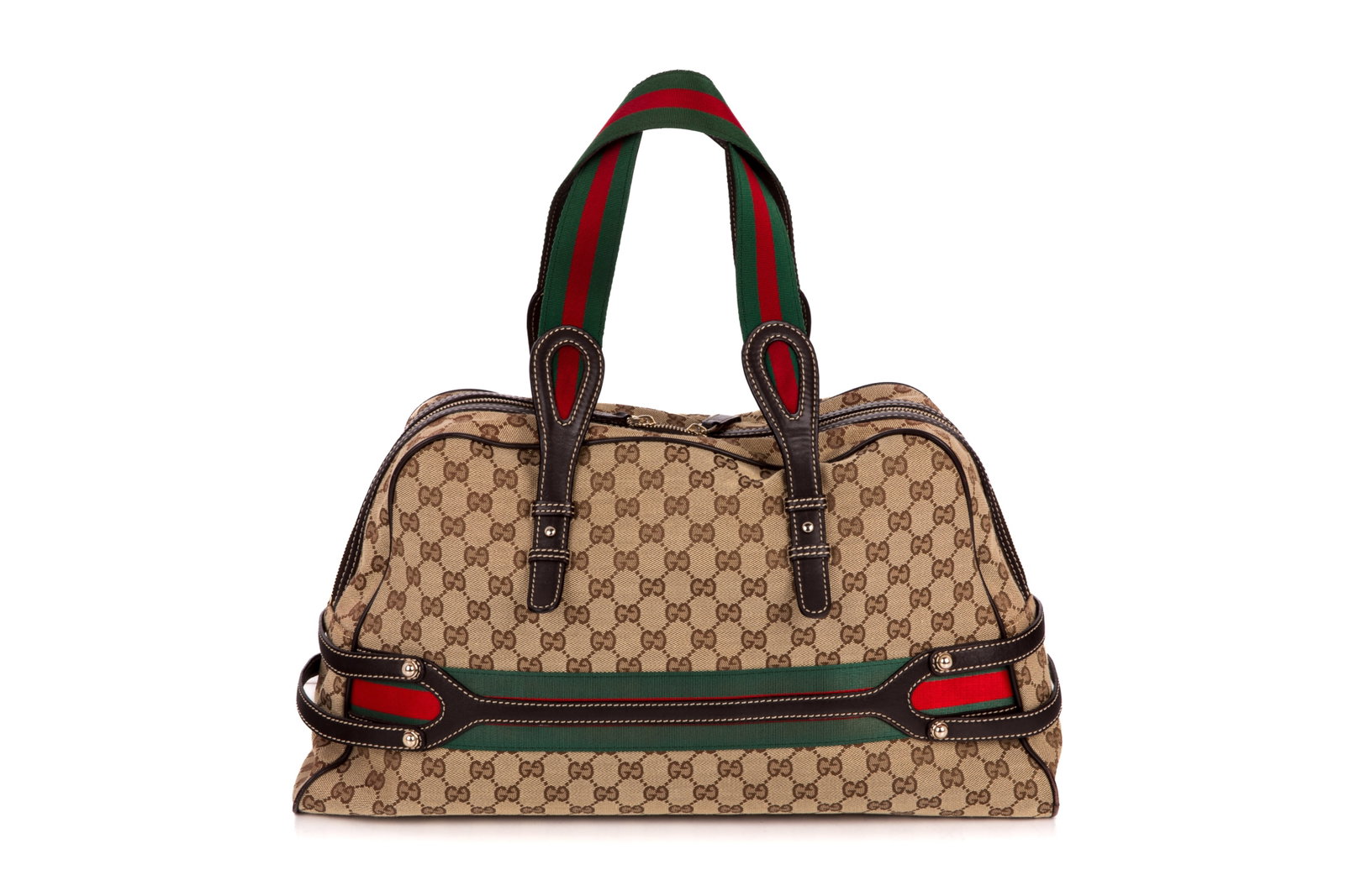 GUCCI GG MONOGRAM CANVAS BOWLING BOSTON BAG: Gucci GG Monogram Canvas Bowling Boston Bag. With care booklet and dust bag. Made in Italy. Serial number 169957 001998.47 x 26 x 12 cm