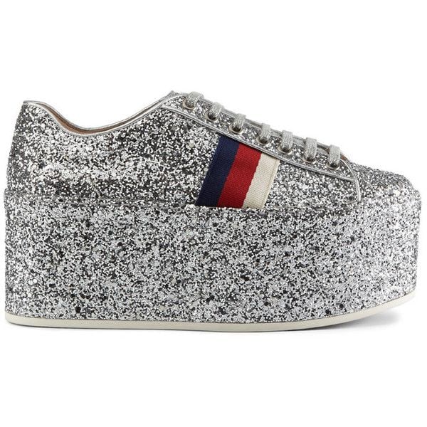 GUCCI SILVER GLITTER PEGGY PLATFORM SNEAKERS: Gucci Silver Glitter Peggy Platform Sneakers. In size 38 1/2. Made in Italy. Does not include original box or dust bag.