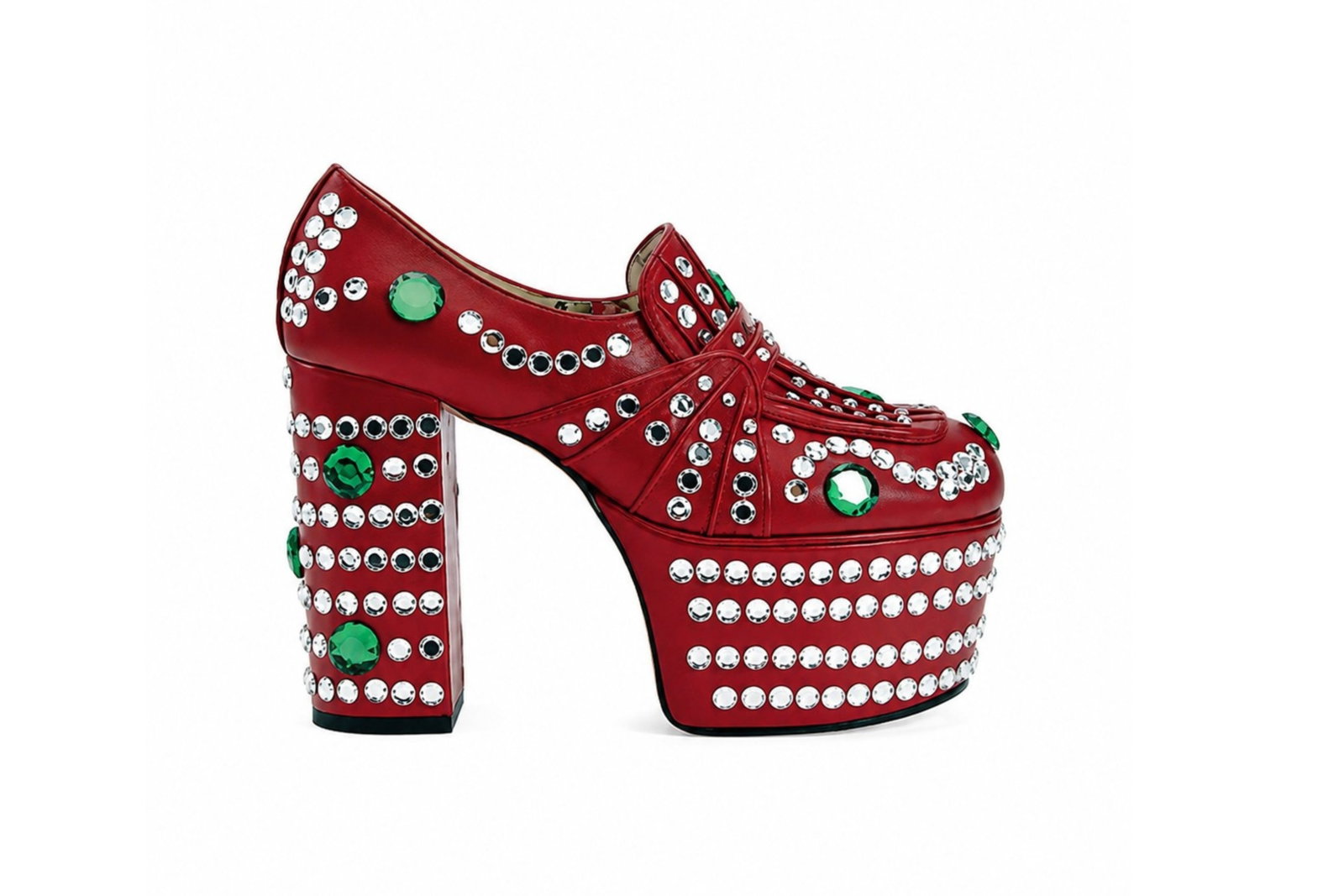 GUCCI RED AMILNA CRYSTAL PLATFORM LOAFERS: Gucci Red Leather Amilna Crystal Studded Platform Loafers, 2018. In size 38 1/2. Made in Italy. Does not include original box or dust bag.