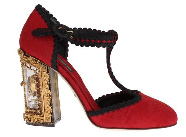 DOLCE & GABBANA RED JACQUARD WINDOW PANE PUMPS (1 of 1)