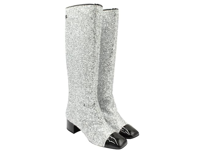 CHANEL SILVER & BLACK GLITTER KNEE HIGH BOOTS (1 of 1)