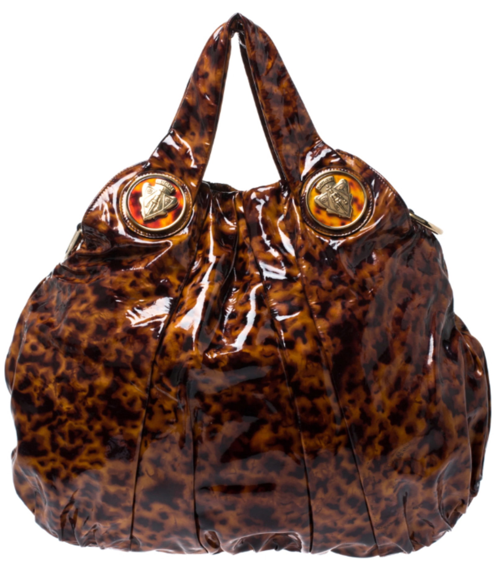 GUCCI BROWN PATENT LEATHER HYSTERIA HOBO BAG: Gucci Brown Tortoiseshell Patent Leather Hysteria Hobo Bag. Handles embellished with four Gucci coat of arms, with a removable shoulder strap. Including care booklet and dust bag. Made inItaly. Serial