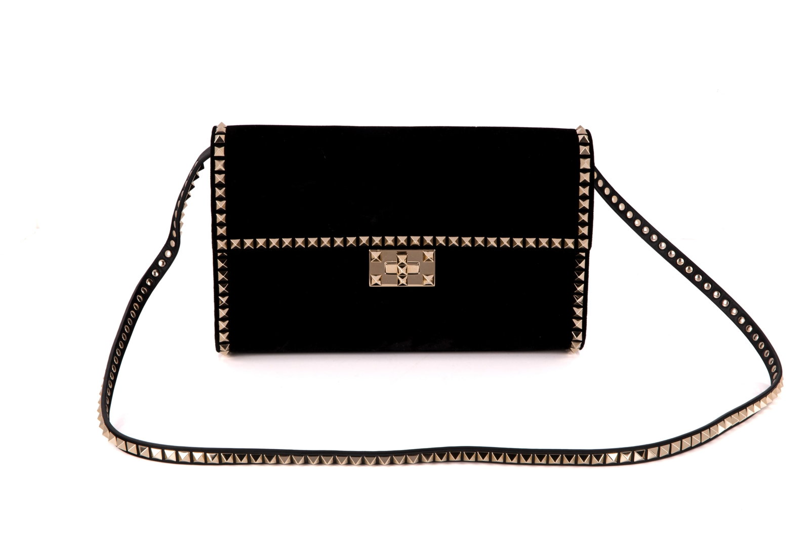 VALENTINO BLACK VELVET ROCKSTUD NO LIMIT FLAP BAG: Valentino Black Velvet Rockstud No Limit Flap Bag, made in Italy. Includes original dust bag and detachable shoulder strap. Serial number on the plastic tag insidethe inner pocket. 27 x 17.5 x 5.5 cm 