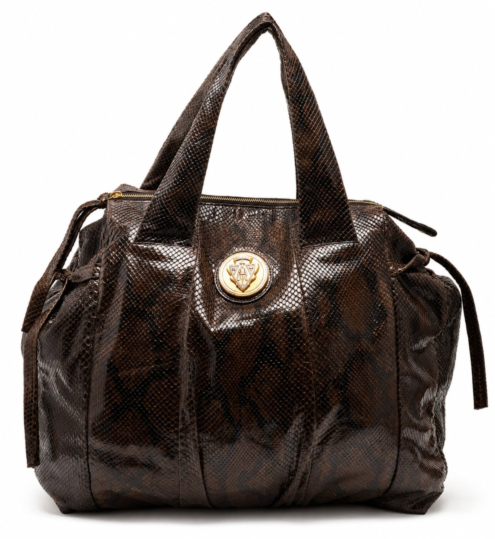 GUCCI BROWN PYTHON LEATHER HYSTERIA TOTE BAG: Gucci Brown Python Leather Hysteria Tote Bag. The front embellished with a Gucci coat of arms. Including care booklet and dust bag. Made in Italy. Serial number 197022 001998. CITES. 47 x 39 x 16 cm