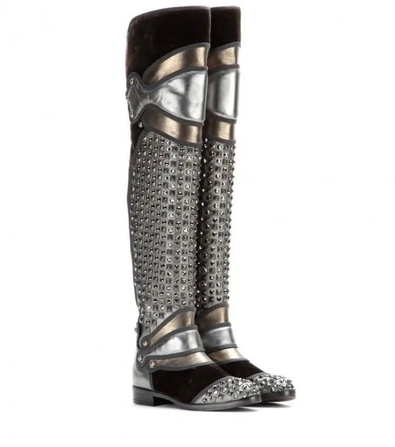 DOLCE & GABBANA MEDIEVAL KNIGHT ARMOUR BOOTS: Dolce & Gabbana F/W 2015 Runway Medieval Knight Studded Velvet and Leather Armour Boots. In size 38. Made in Italy. Does not include original box or dust bag.