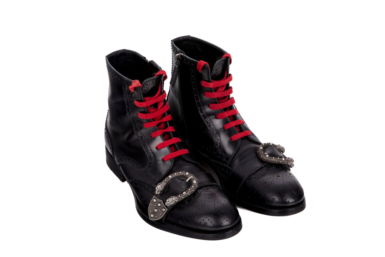 GUCCI QUEERCORE BLACK CALFSKIN MENS BOOTS: Gucci Black Calfskin Queercore Brogue Boots. Decorated with a Dionysus buckle on the vamp. In size 8 with red laces and zip-closure. Signature gold-tone embroidered bee to the heel counter.Made in Ita
