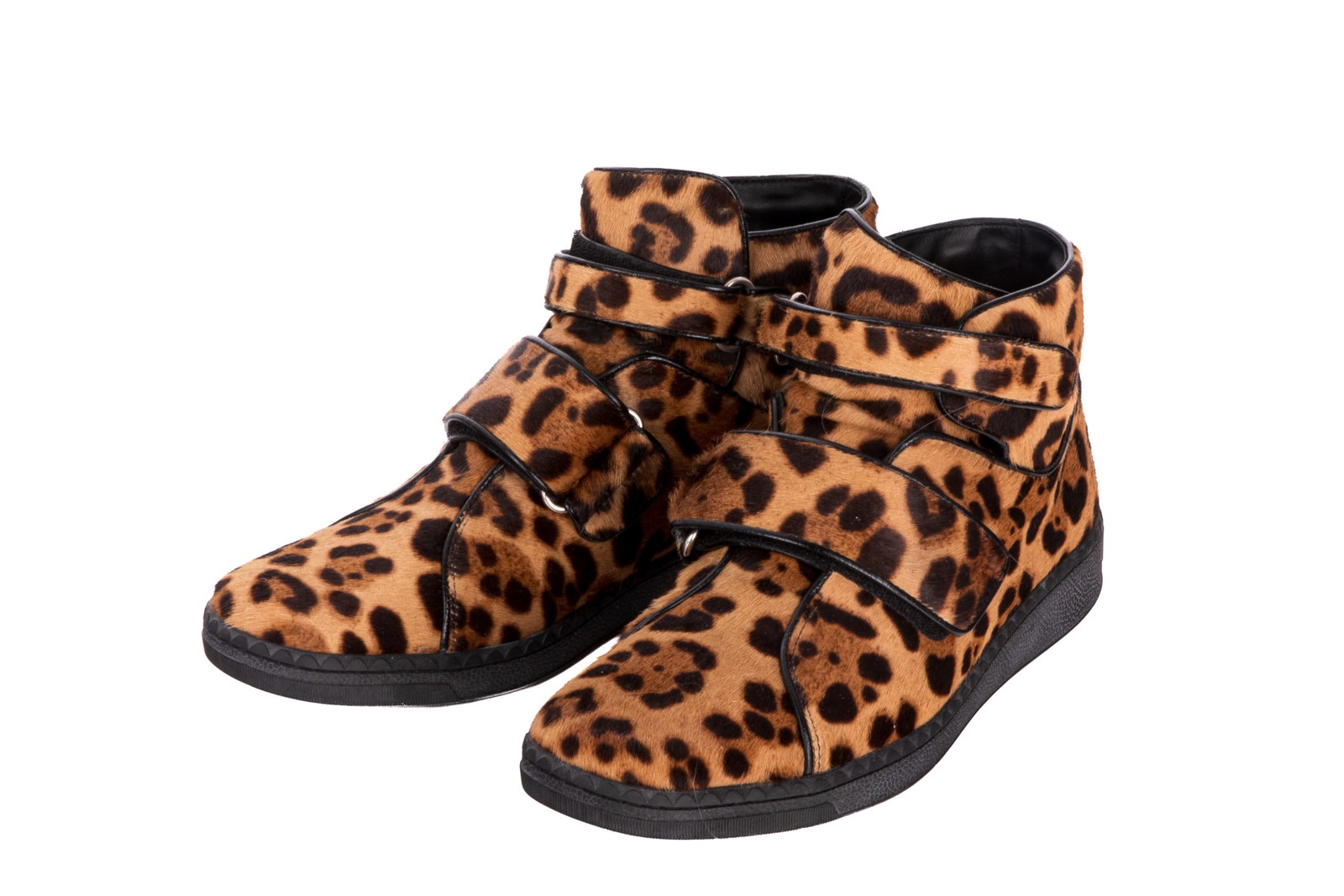 GUCCI PONY HAIR LEOPARD PRINT HIGH TOP SNEAKERS: Gucci Pony Hair Leopard Print High Top Men's Sneakers. In size 41G and with velcro straps. Made in Italy. Does not include original box or dust bag.