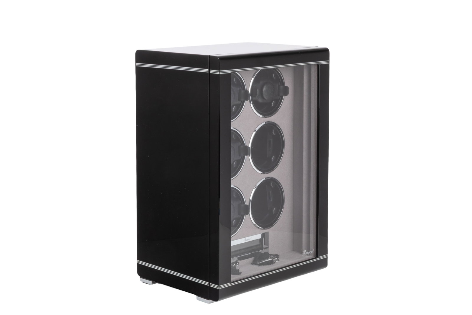 RAPPORT LONDON FORMULA SIX WATCH WINDER, COMPLETE: Rapport London Formula Six Watch Winder ? Black. Missing 2 watch cuffs. Both keys included. Observed to run and function.Winder cabinet measures 15.75"(40cm) x 8"(20.32cm) x 10.5"(26.67cm). Original b