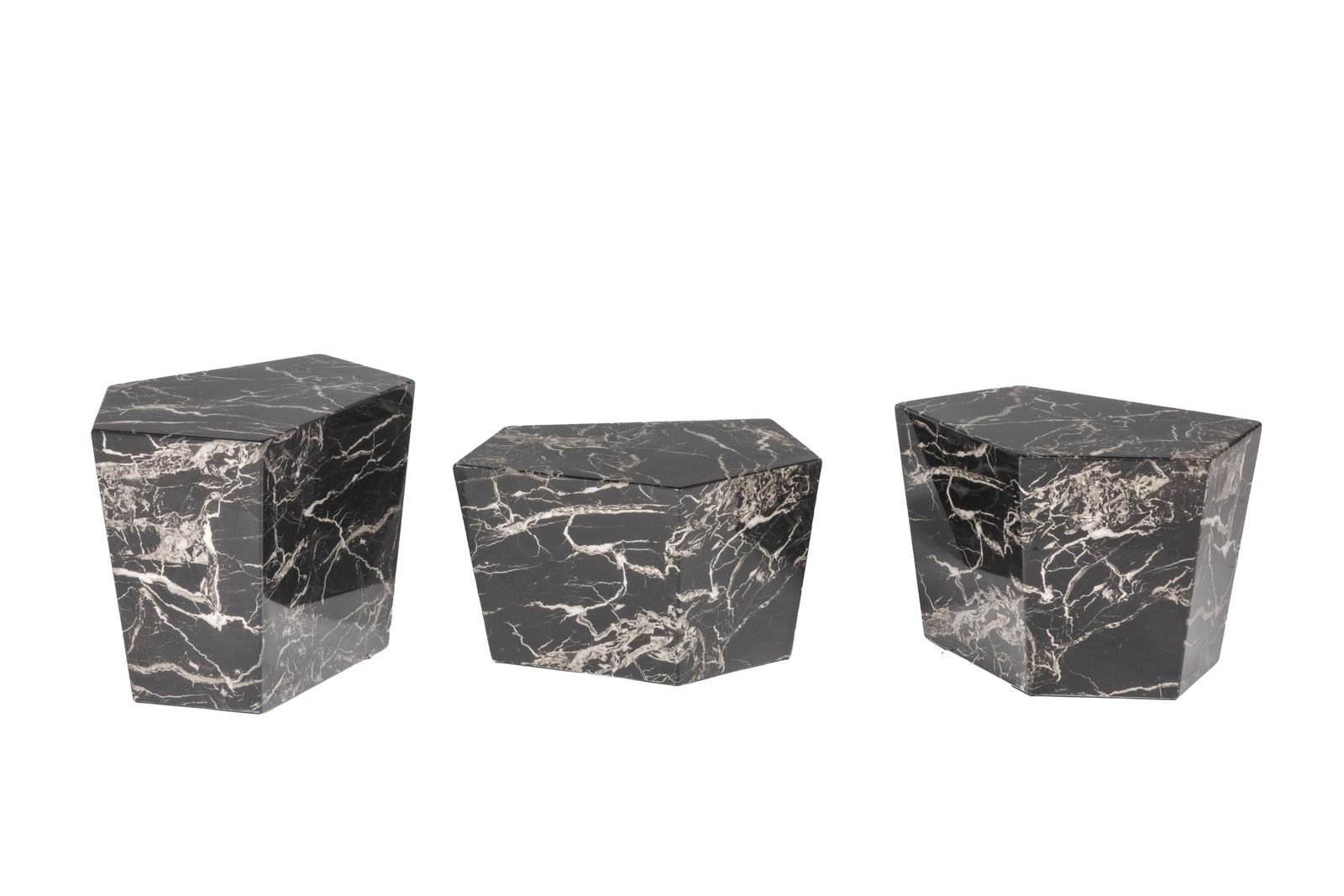 THREE CASA PADRINO FAUX MARBLE TABLES: Angular black and white tables to fit together in different shapes. H. tallest: 15 3/4" x Overall W. 40"