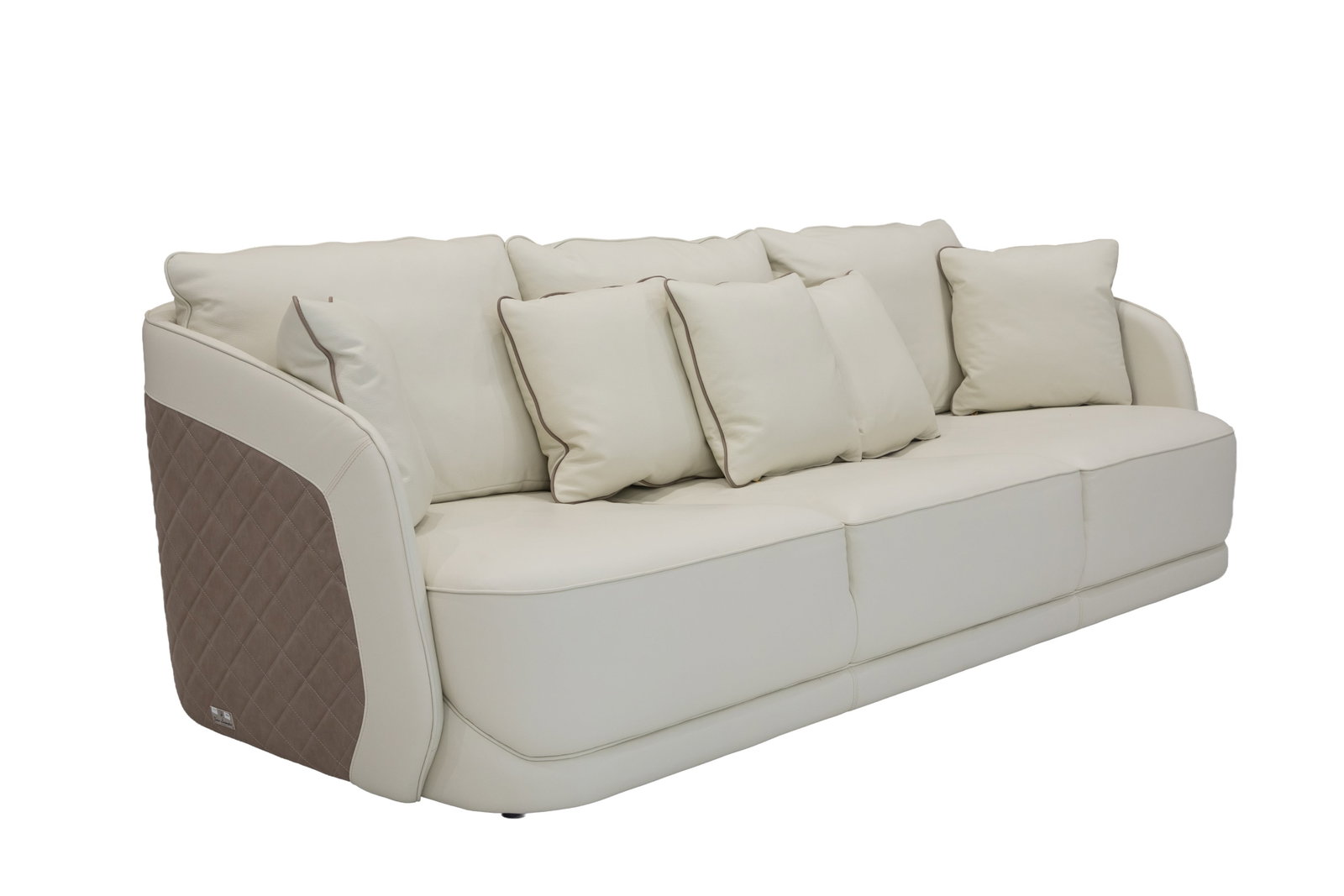 TONINO LAMBORGHINI TWO TONE LEATHER SOFA: With five pillows, H. 32" x W. 109 x D. 42"
