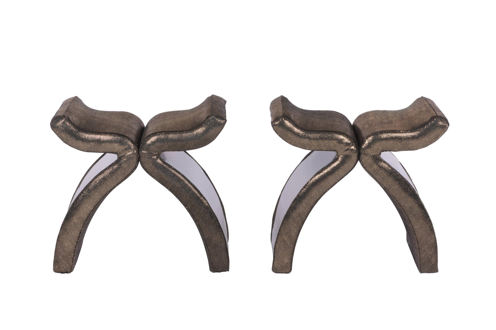 PAIR OF BOLVARDI KOKET LUXURY BENCHES: Faux gold and black animal type print, stylized x-form stools. H. 21 1/2" x W. 23 3/4" x D. 13"