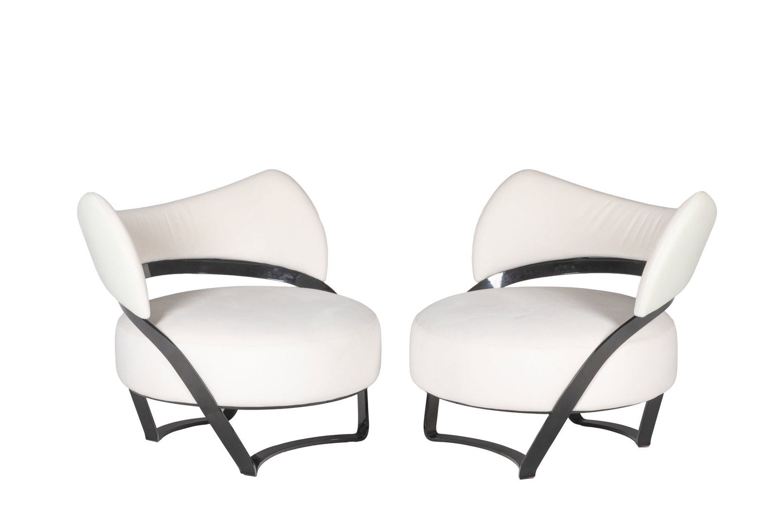 PAIR OF FORMITALIA GOTHAM ARMCHAIRS: Designed by Samuele Mazza in white fabric upholstery with black metal frame. H. 31" x W. 34" X D. 37 1/2"