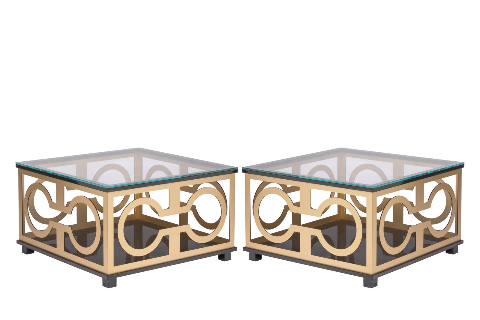 PAIR FORMITALIA GLAMOUR GLASS TOP SIDE TABLES: Gold loop pattern frame on a macassar ebony veneered base. H. 20 1/2" x W. 33 3/4" x D. 34"