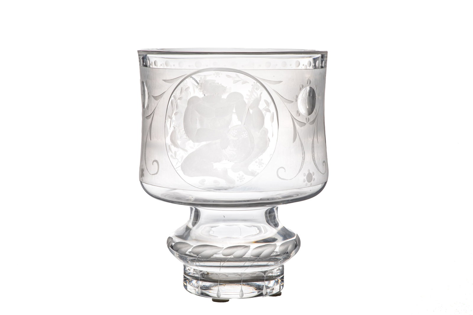 MODERN CZECH GLASS VASE BY KOCICA: This is a modern Czech glass vase by Kocica, featuring a horse design and two male figures with delicate leaves.H 16" x Dia 12 1/2"