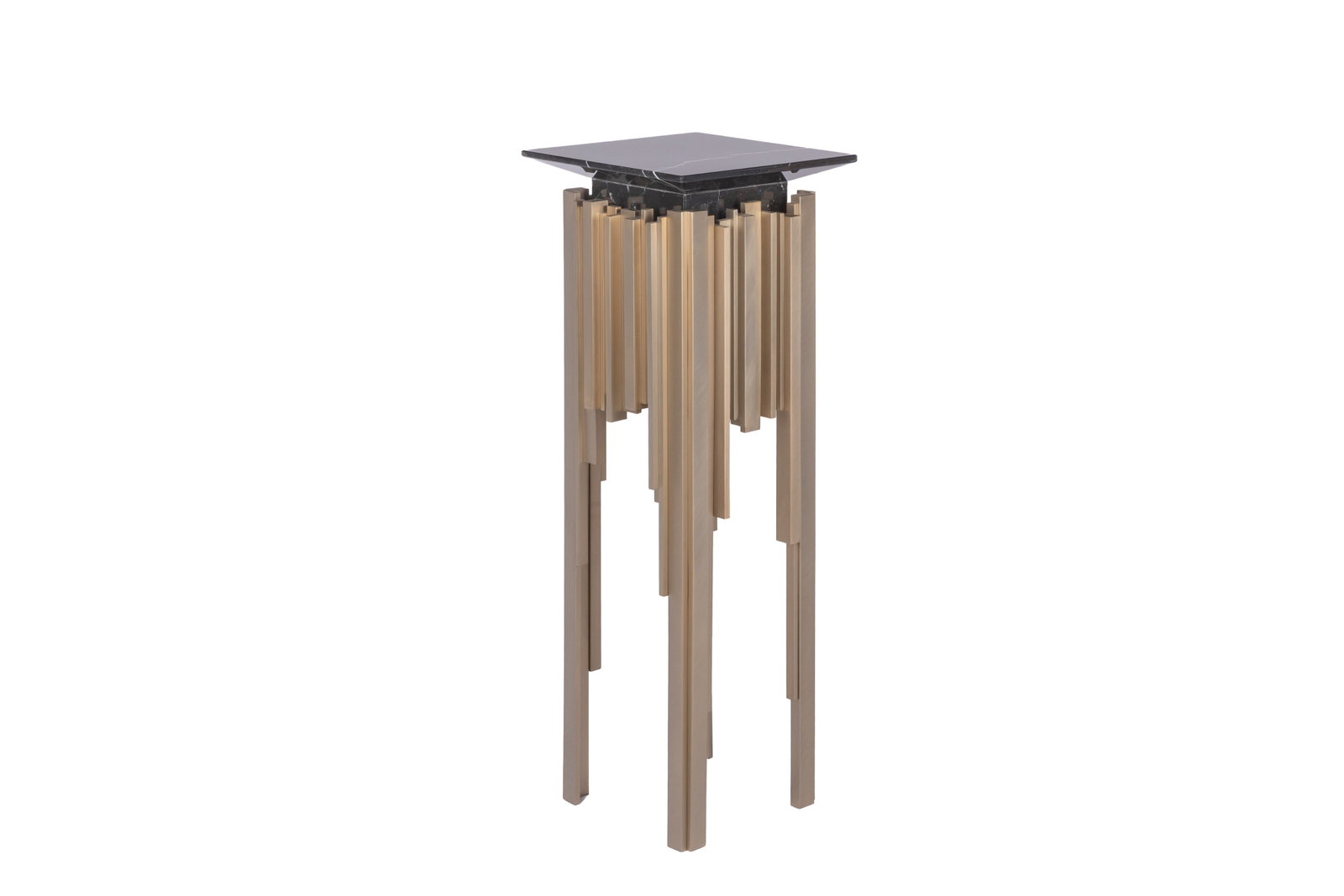 EMPIRE COLUMN DISPLAY PEDESTAL TABLE: Iconic design after the Empire State Building in brushed bronze colour with black marbled square top. H 37 3/4" x W. 13 1/2"