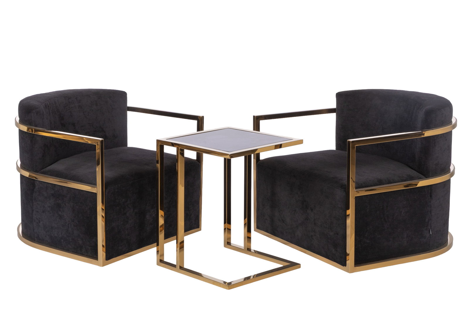 PAIR OF EICHHOLTZ EMILIO CHAIRS & SIDE TABLE: Dark velvet upholstered seat with gold metal swivel frame chair and side table. Made in the Netherlands. Chairs H. 27" x W. 29 3/4" x D. 31",Table H. 23" x W. 17 3/4" x D. 17 3/4"