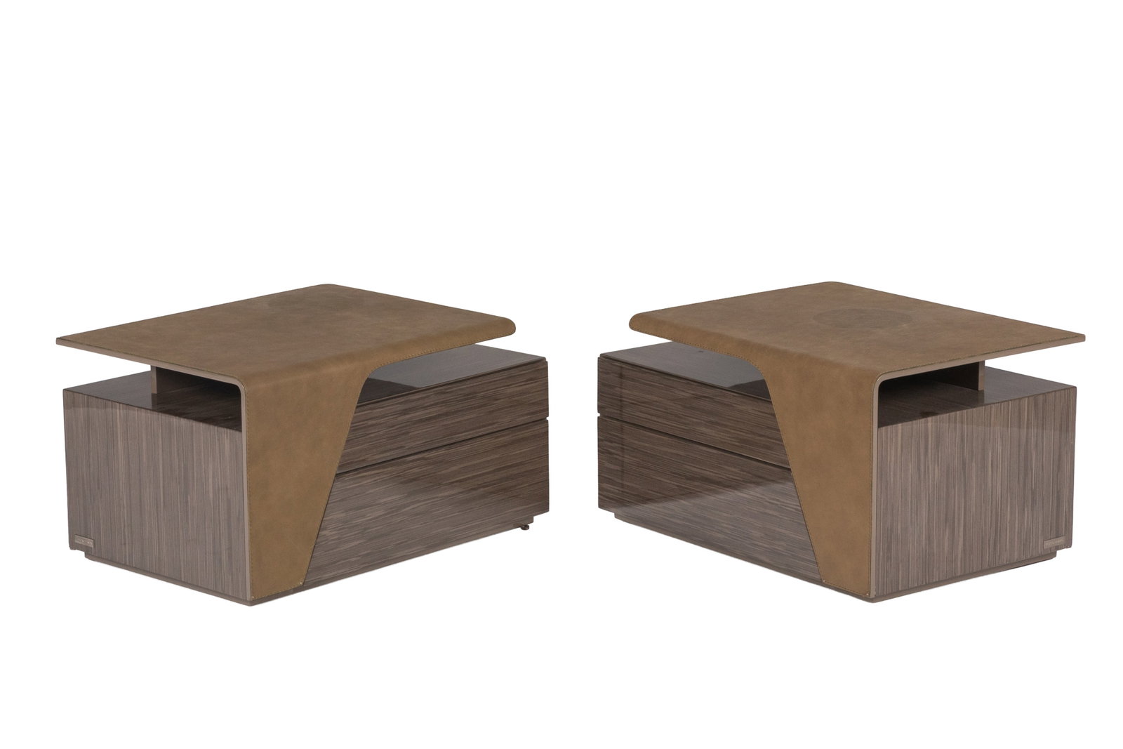 A PAIR OF ASTON MARTIN V149 NIGHT STANDS: Luxury Aston Martin Home V150 chest in Nabuk sand leather top, Grey Oak veneer drawer fronts and sides, made in Italy. H. 15 1/4" x W. 27 1/2" x D. 18 3/4"