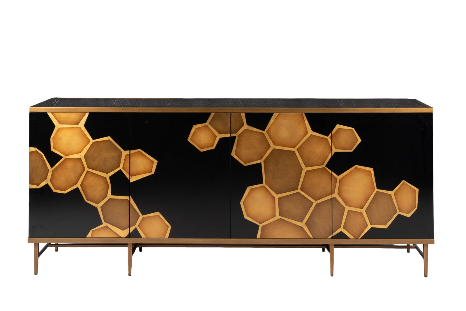 JOHN RICHARDS FOR FORMITALIA HONEYCOMB CREDENZA: Black lacquer server with textured gold honeycomb pattern and metal legs. H 35 3/8 x W 84 x D 20in