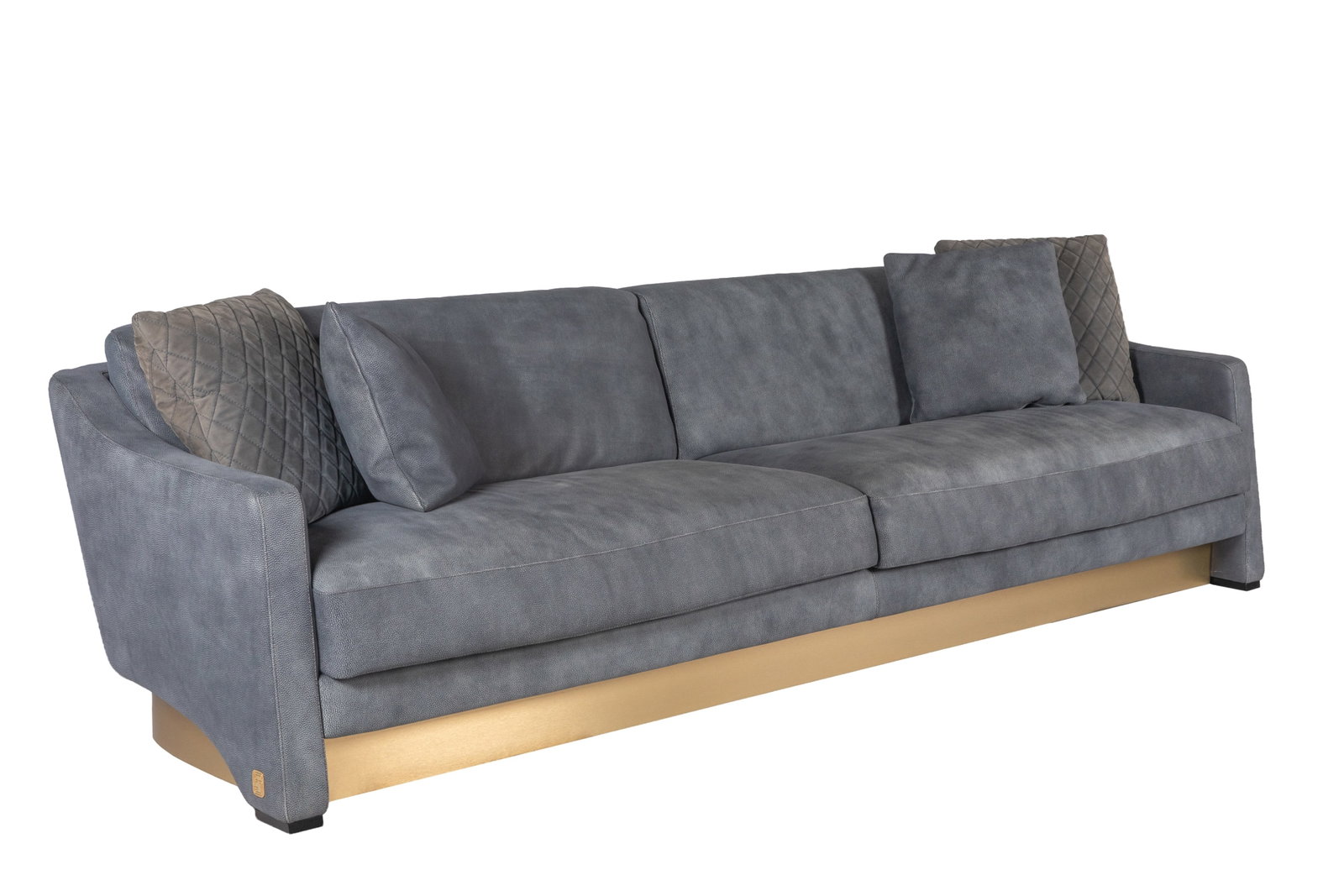 FORMITALIA DESIGNER MUZIO SOFA: In blue-grey suede upholstery with gold frame. Two sets of matching throw pillows. H. 31" x W. 112 1/2" x D. 37 1/2"