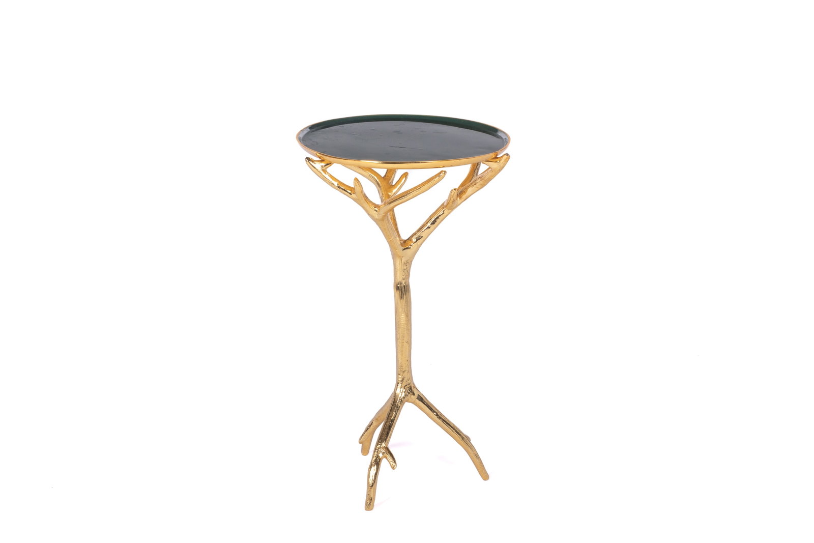 GOLD COLOURED NIMA OBEROI-LUNARES MANZANITA TABLE: Faux tree branch metal table with black top for accent or drinks. H. 23 3/4" x Dia. 13"