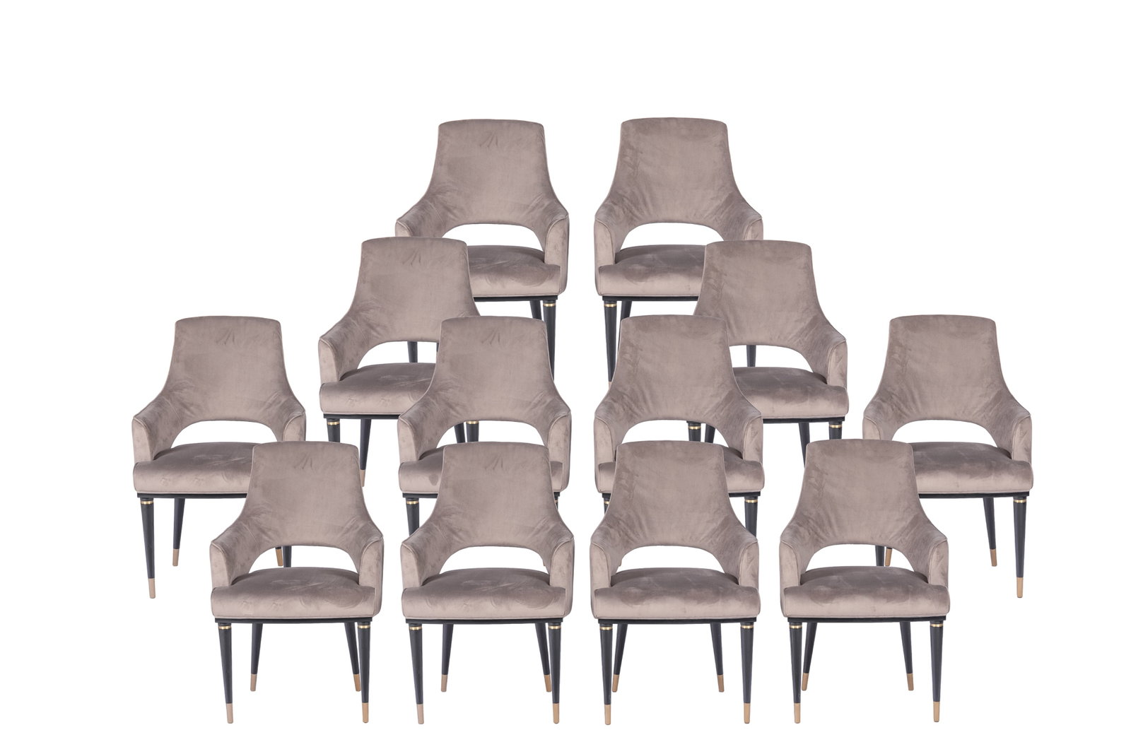 TWELEVE FORMITALIA MUZIO DINING CHAIRS: In grey velvet upholstery, tapering ebonized legs with brass mounts. H. 27 3/4" x W. 24" x D. 25 1/2"