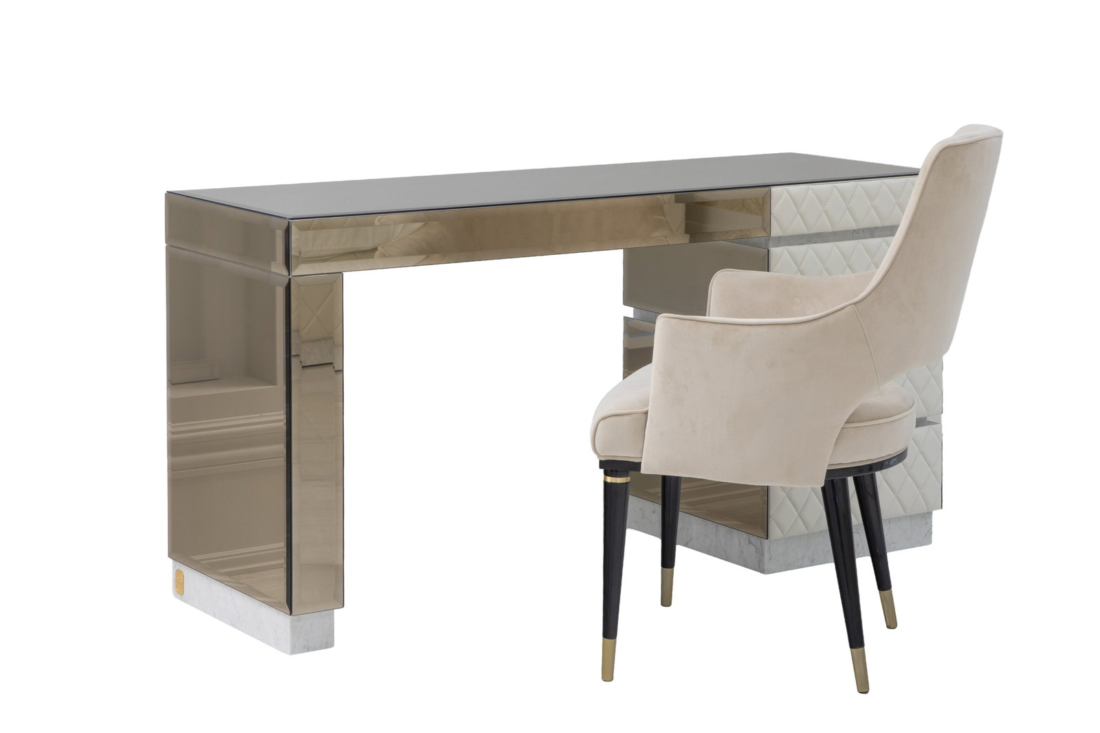 FORMITALIA ITALIAN LEATHER MIRRORED DESK AND CHAIR: Desk: H. 31 1/2" x W. 59 1/2" x D. 20", Chair: H. 37" x W. 23 1/2" x D. 22"