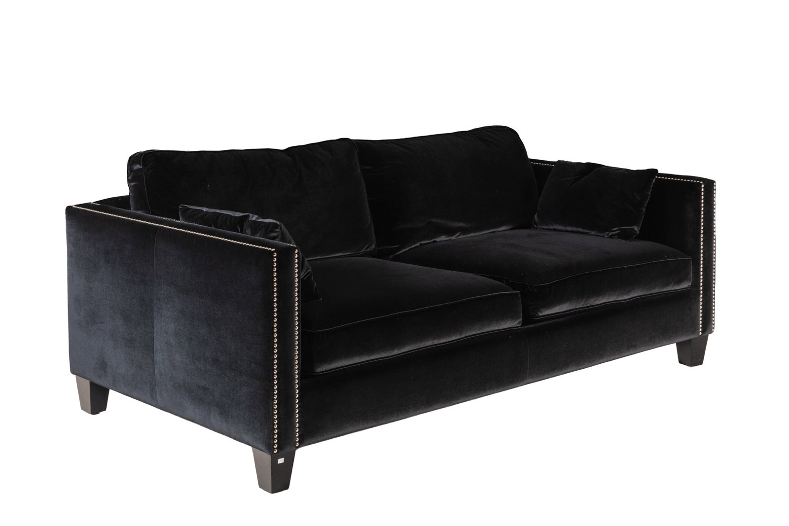 BLACK VELVET AND STUDDED SOFA: H. 27" x W. 80" x D. 42"