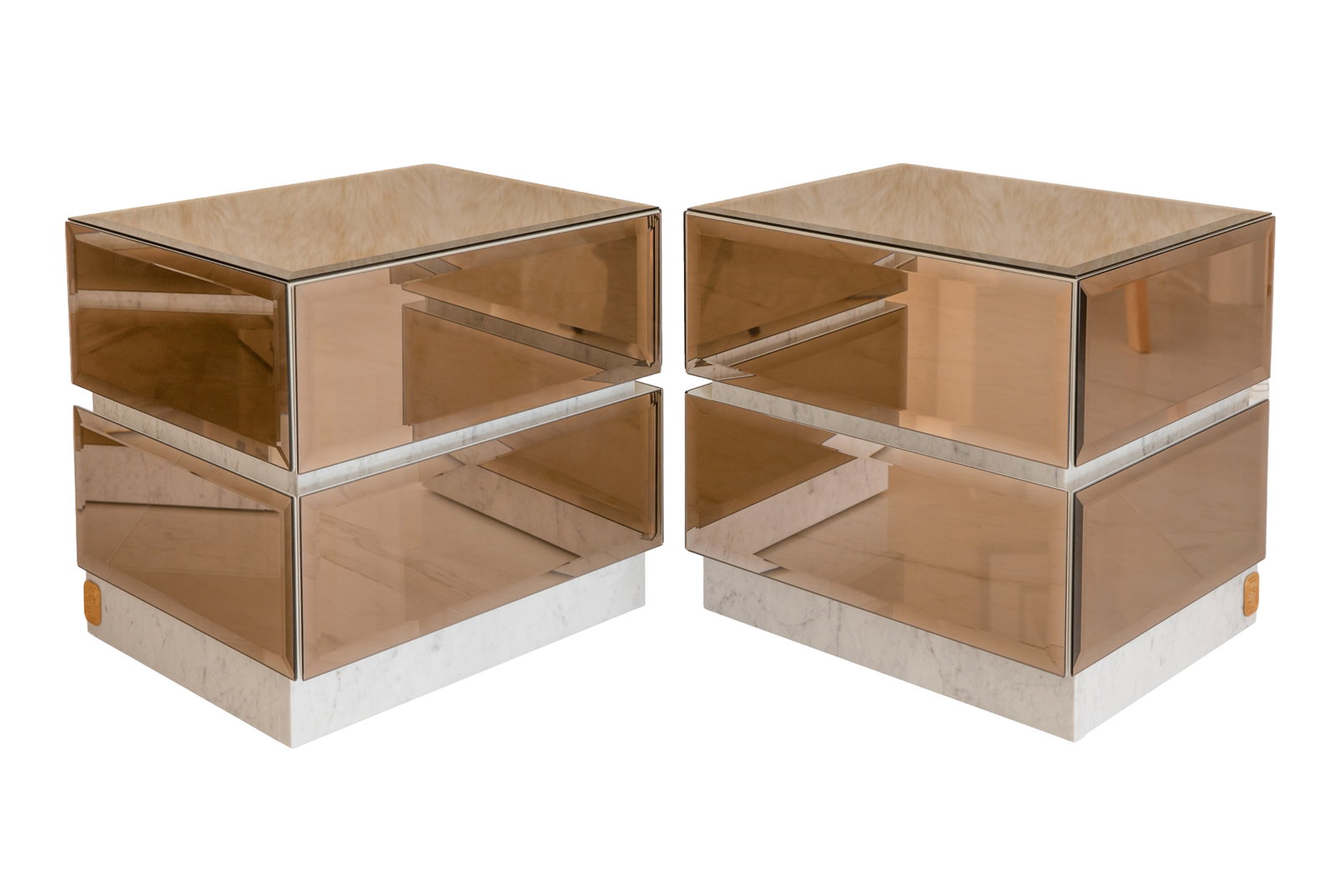 A PAIR OF FORMITALIA GLAMOUR MIRRORED SIDE TABLES: Smoked glass two drawer side tables with marble base. H. 18 1/2" x W. 19 1/2" x D. 16"