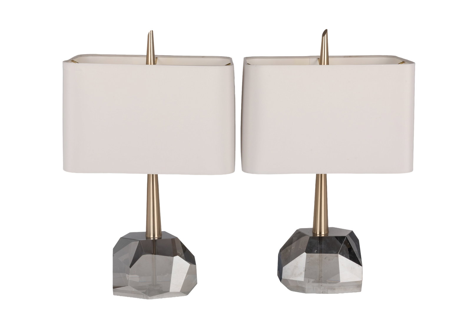 PAIR OF ARTERIORS GEMMA GLASS TABLE LAMPS: In smoky grey glass with brushed gold accents. H. 22 1/4"