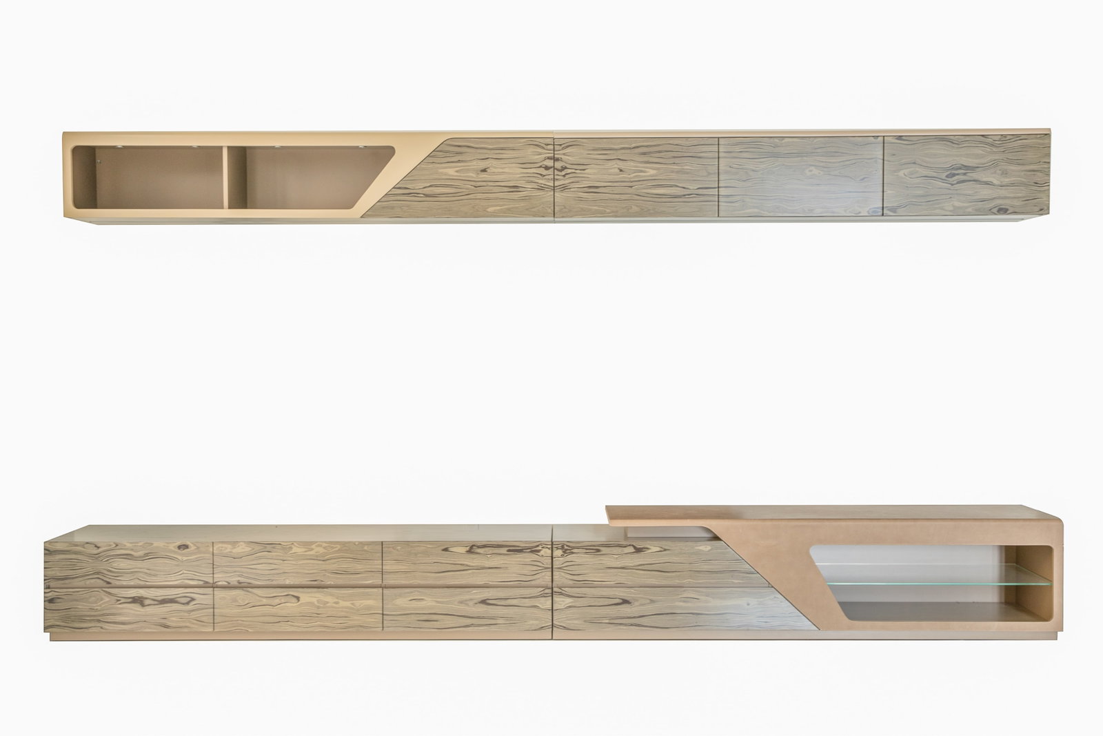 ASTON MARTIN FORMITALIA WALL UNIT: Top: H. 15" x W. 180" x D. 15", Bottom: H. 20" x W. 180" x D. 20"
