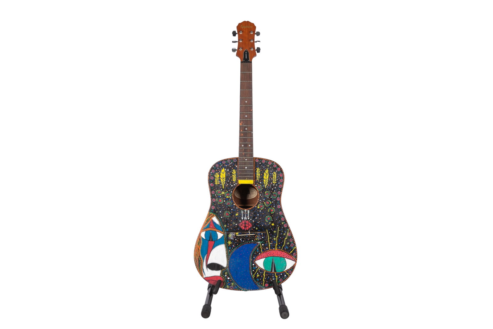 TOM WILSON (Canadian 1859-) PAINTED GUITAR: Hand painted with figures in the sky on an Epiphone acoustic Guitar. Decoration painted by Tom Wilson, three-time Juno winning Canadian musician L. 41 1/4", Serial #: 2100030, Model #: PR200