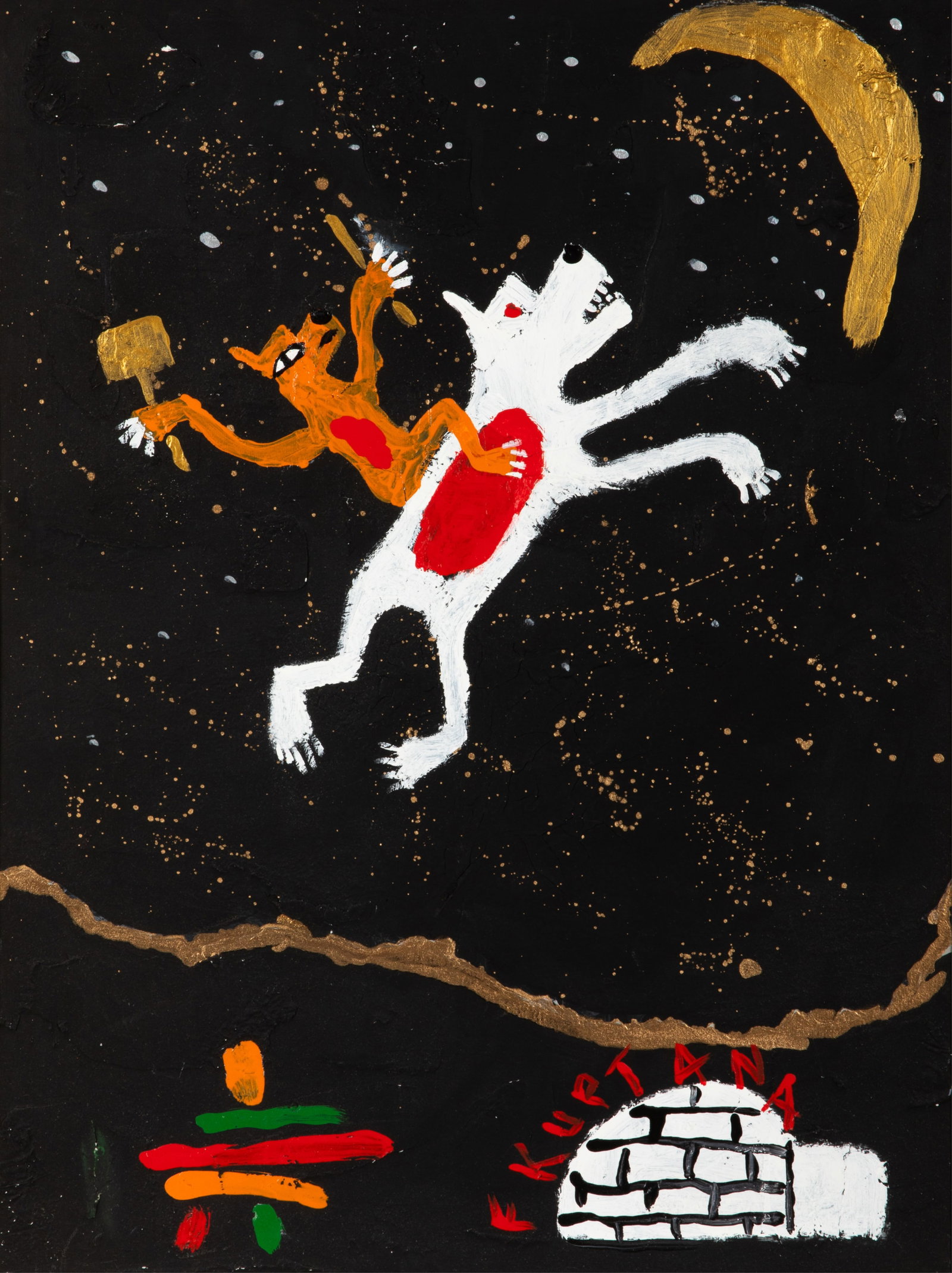 FLOYD KUPTANA (Inuvialuk, 1964-2021): Orange Fox Riding Polar Bear Acrylic on canvas Signed bottom rightH. 24" x W. 18"