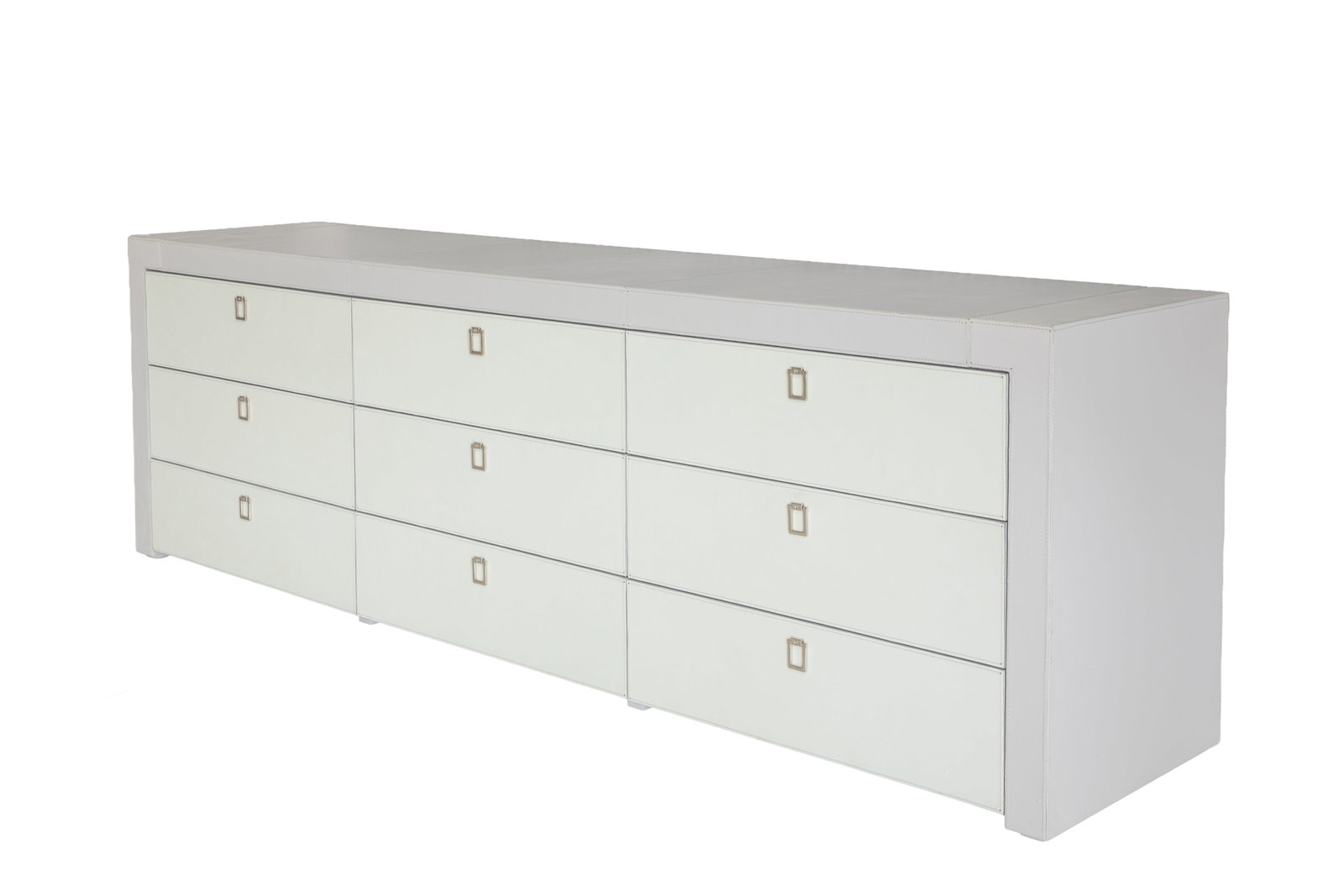 NINE DRAWER LEATHER FORMITALIA CHEST: With cream fabric, H. 30" x W. 98" x D. 22"