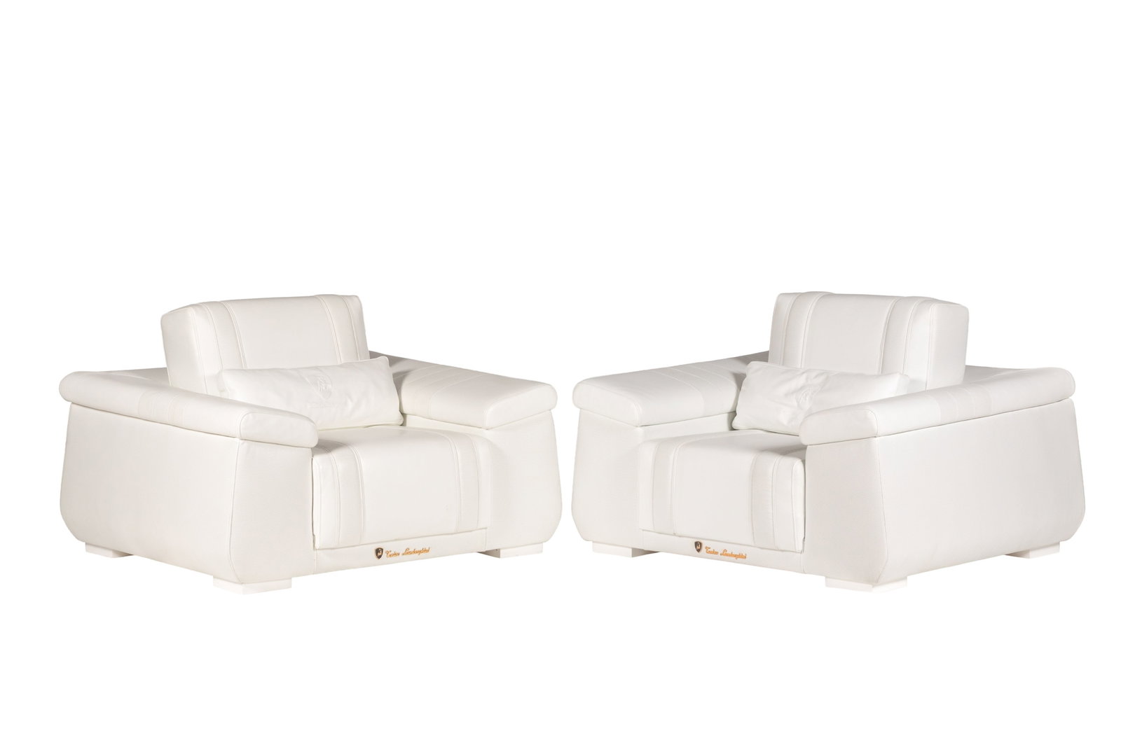 PAIR TONINO LAMBORGHINI CASA BOOSTER ARMCHAIRS: In white leather upholstery with bull logo, large format club / lounge chairs, made in Italy. H. 33" x W. 50" x D. 44"