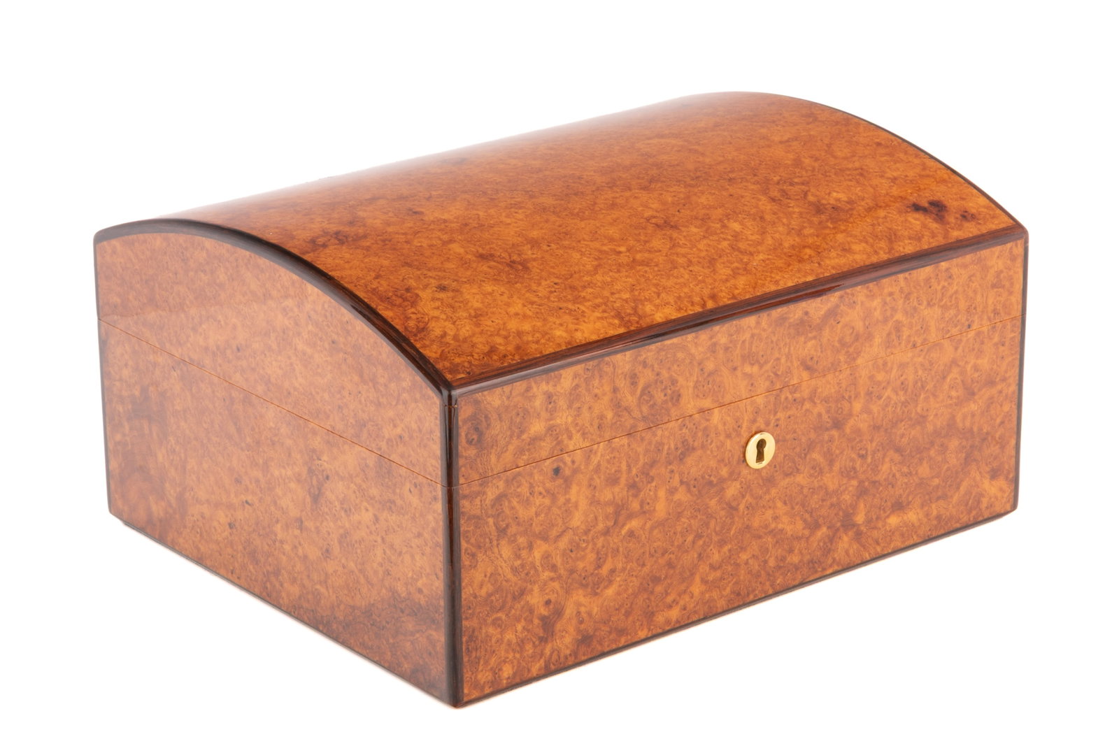 DANIEL MARSHALL WALNUT BURLED WOOD HUMIDOR: Comes with key, a hygrometer, and a cigar cutter. H. 6in x W. 11 1/2in x D. 9 1/2in (15.2cm x 29.2cm x 24.1cm)