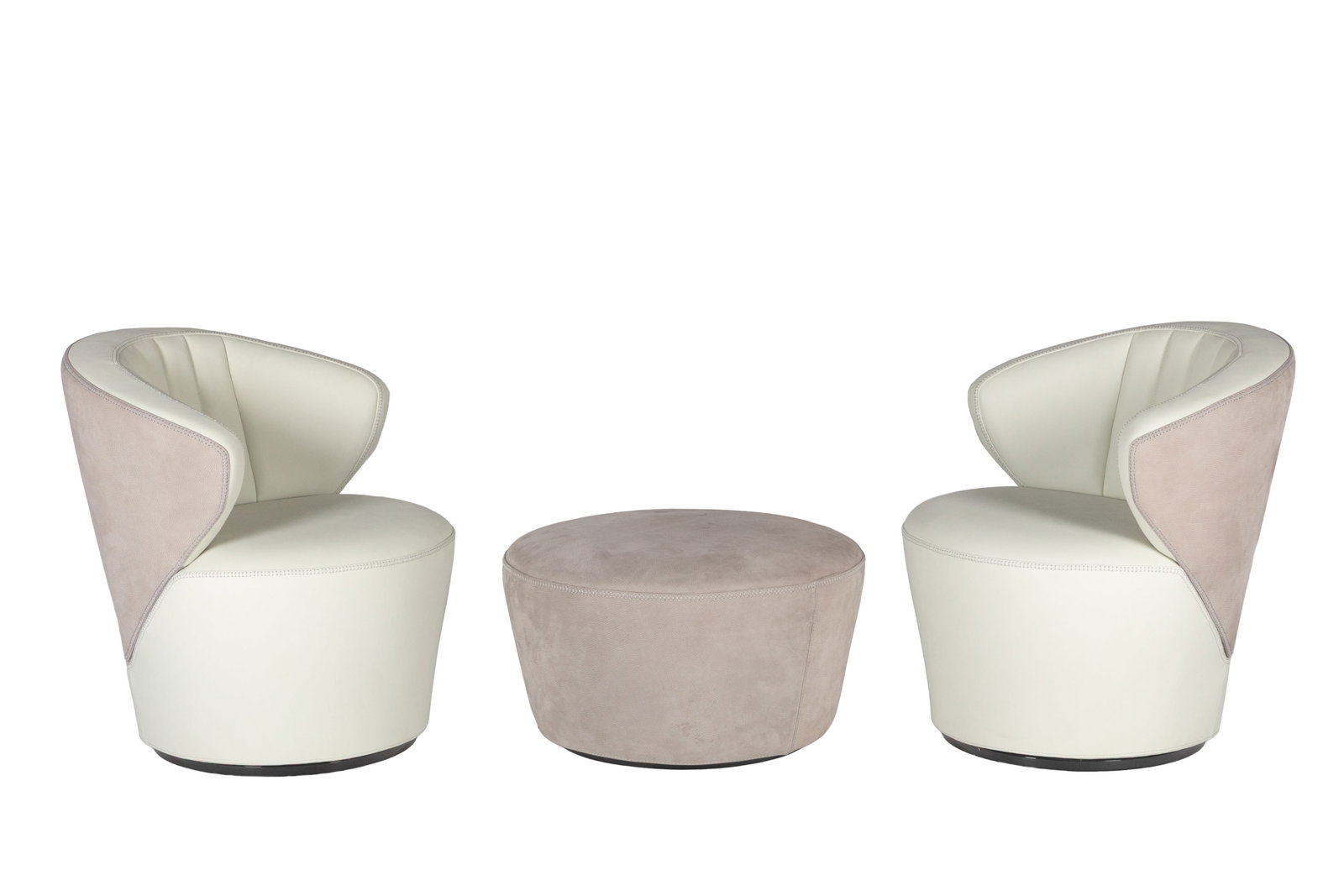 TONINO LAMBORGHINI CASA LEATHER CHAIRS & STOOL: White leather chairs with suede backs and matching round ottoman, made in Italy. Chairs: H. 30 1/2" x W. 28 1/2" x D. 28 1/2", Dia. stool: 27 1/2"