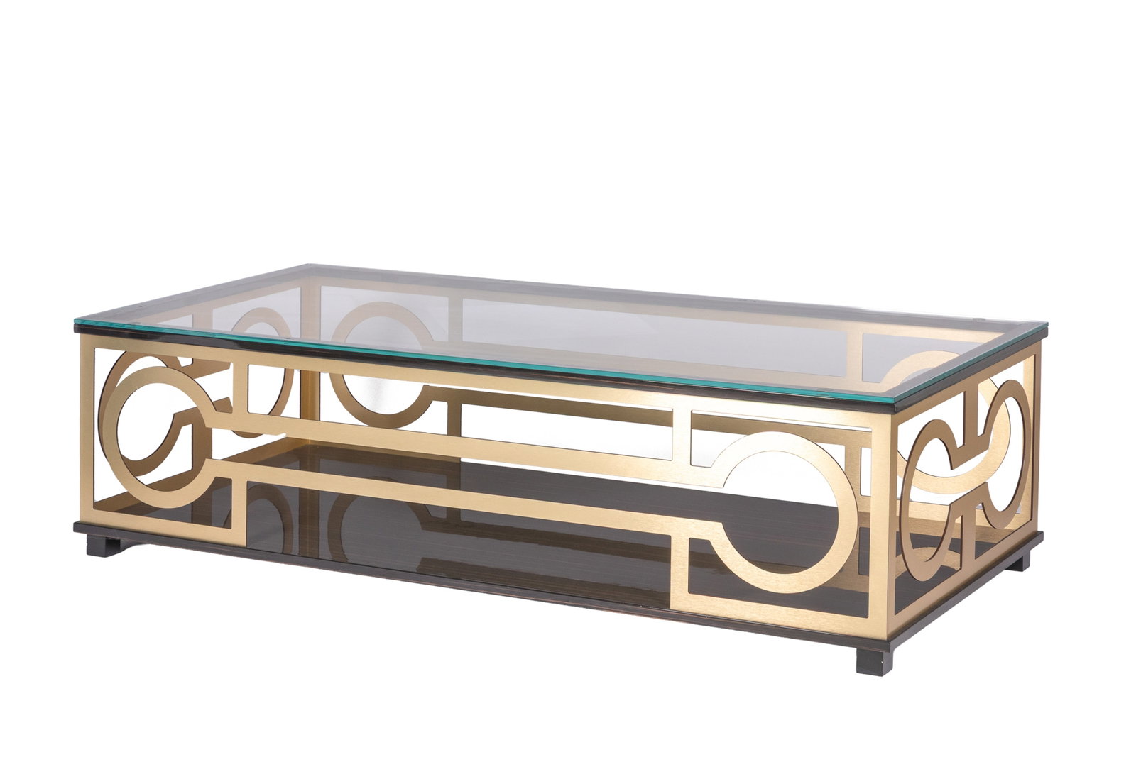FORMITALIA GLAMOUR GLASS TOP COFFEE TABLE: Gold loop pattern frame on a macassar ebony veneered base. H. 20 1/2" x W. 70 3/4" x D. 34"