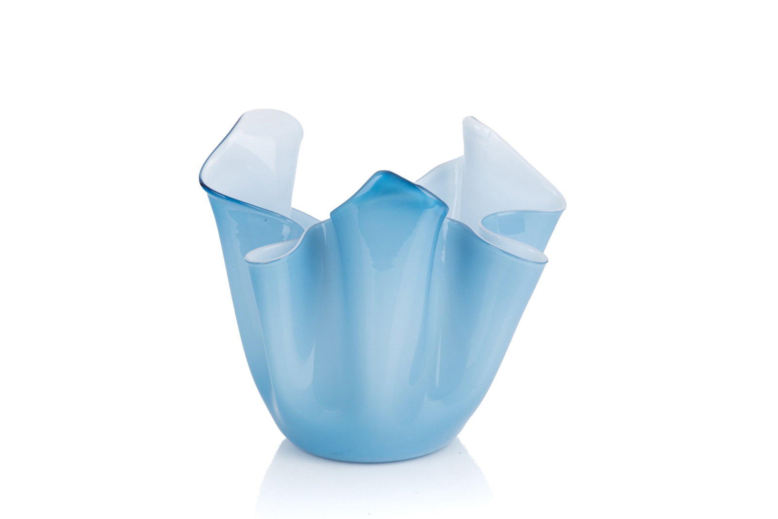 VENINI BLUE GLASS FAZZOLETTO HANDKERCHIEF VASE: Iconic handkerchief style featuring a freeform, ruffled design. Crisp, white lattimo interior. H. 8 1/4in x W. 9 1/8in (20.9cm x 23.1cm)