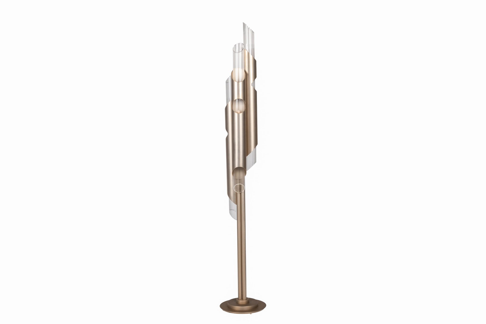 LUXXU DRAYCOTT FLOOR LAMP: In brushed gold toned metal. H. 72"