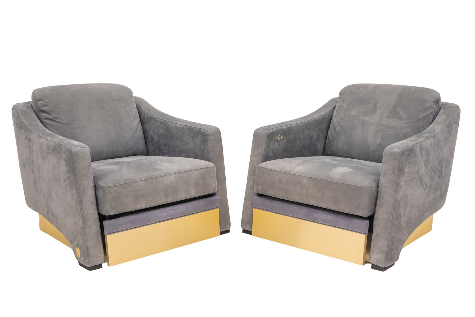 PAIR OF FORMITALIA KICKER SUEDE LOUNGE CHAIRS: H. 28" x W. 34" x D. 37"